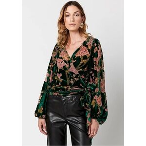 Floral Green Crushed Velvet wrap blouse: "My Treat Wrap Top"